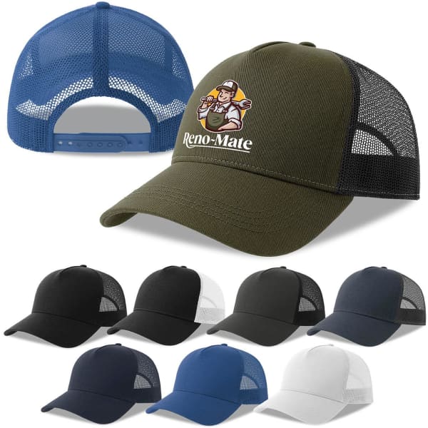 A green trucker cap with a logo, featuring a mesh back and available in various colours including black, white, and navy.