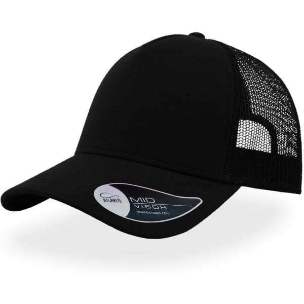 A black trucker cap featuring a solid front and a mesh back, with a curved visor and a logo on the side.