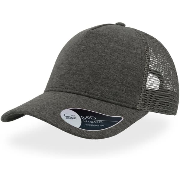 A grey trucker cap featuring a mesh back and curved peak, with a logo on the side.