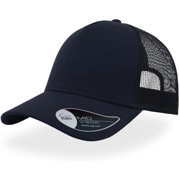 A navy blue trucker cap with a solid front and mesh back. It features a logo on the side.