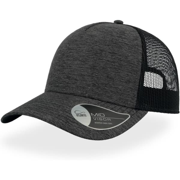 A black and grey cap with a mid visor and mesh back, featuring a logo on the side.
