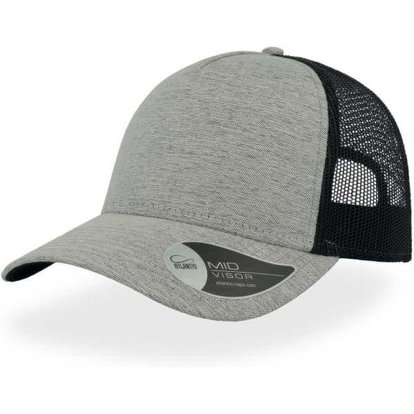 A grey cap with a black mesh back and a mid visor, featuring a branding logo on the side.