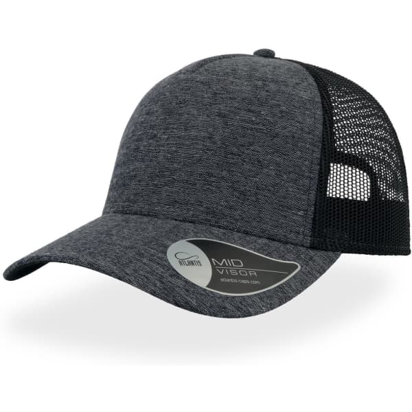 A grey cap with a black mesh back and a curved visor, featuring a logo on the side.