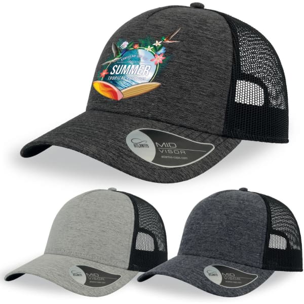 A black and grey cap with a mesh back, featuring a floral graphic and logo on the front and available in three colours.