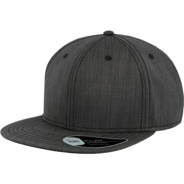 A flat brim cap in dark grey with a textured pattern and a logo on the side.