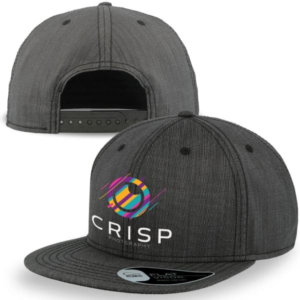 A grey cap featuring a branded logo on the front and back. The cap has a flat brim and snapback closure.