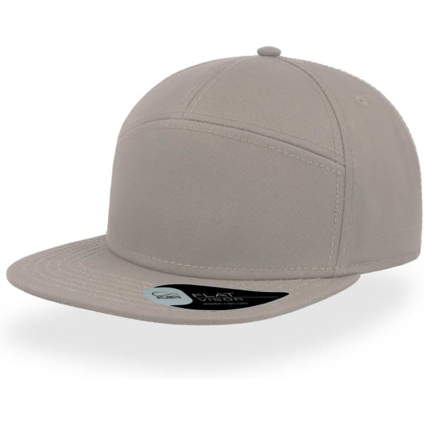 A light grey cap with a flat brim and a branding label on the side.