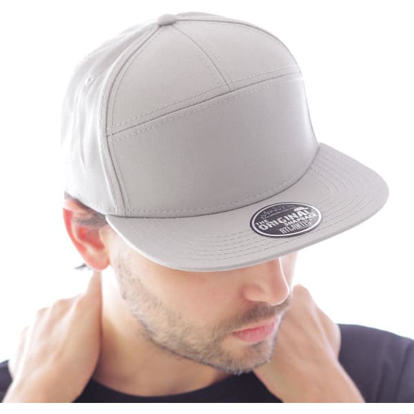 A grey cap with a flat peak, featuring a branded logo on the front.