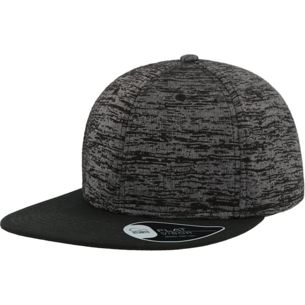 A cap featuring a textured black and grey design, with a flat brim and branding on the side.