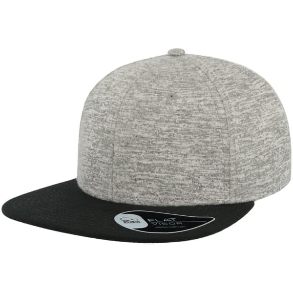 A flat-brim cap featuring a grey textured body and a black peak. It has a branding logo on the side.