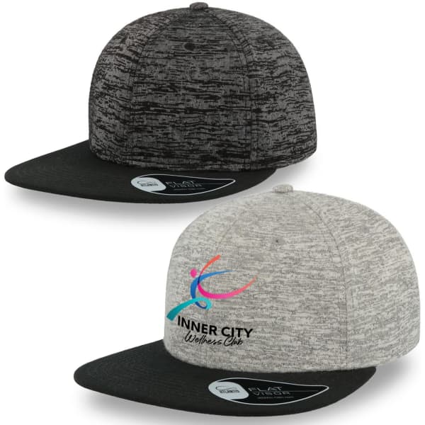A promotional cap in black and grey with a flat peak, featuring a logo on the front.