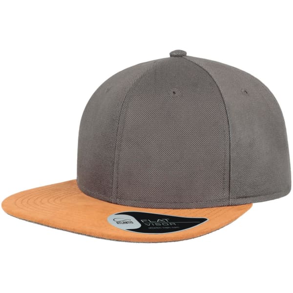 A grey cap with a tan flat brim and a logo on the side. The cap features a structured design.