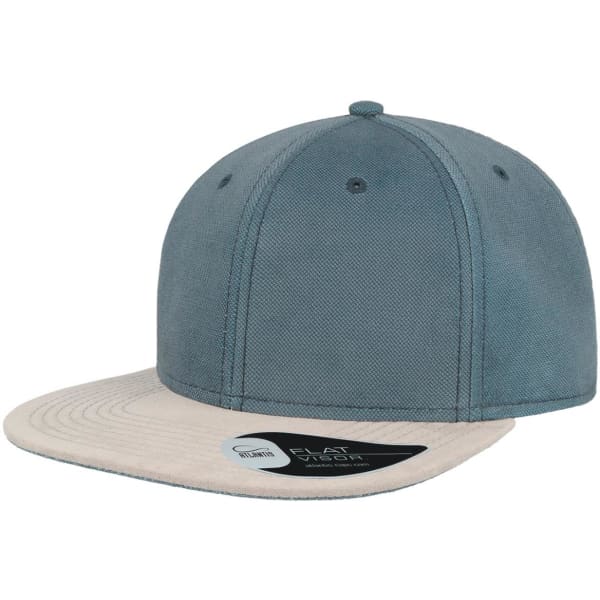 A cap featuring a teal fabric body and a cream flat brim, with a logo on the side.