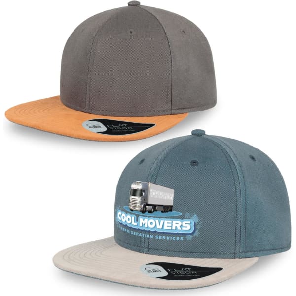 A grey cap with an orange visor and a teal cap with a beige visor, both featuring a logo on the front.