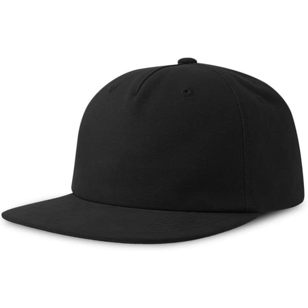 A black flat peak cap made of organic cotton, featuring a simple design and a branded logo.
