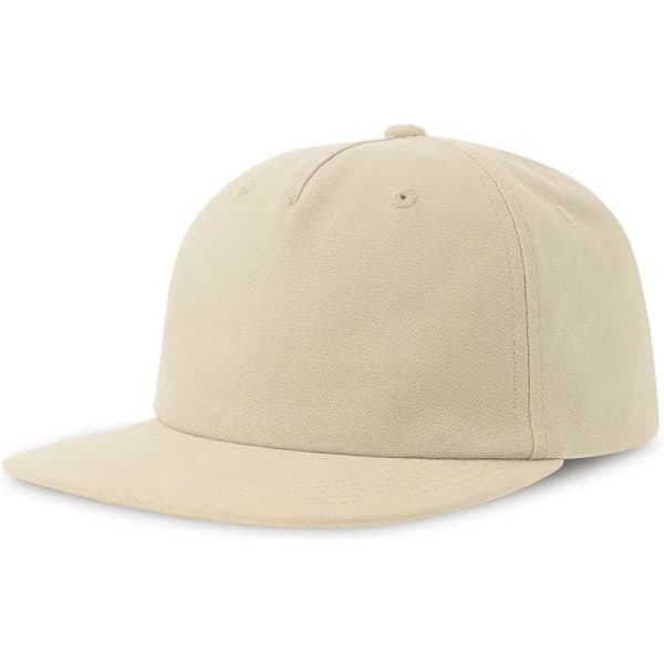 A flat peak cap in a light beige colour with a plain design and a logo on the side.