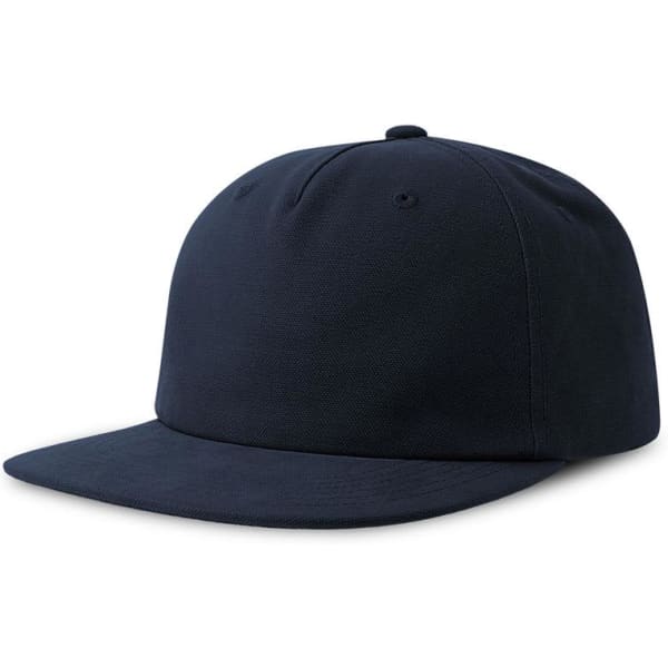A navy blue flat peak cap made of organic cotton, featuring a simple design and a logo on the front.