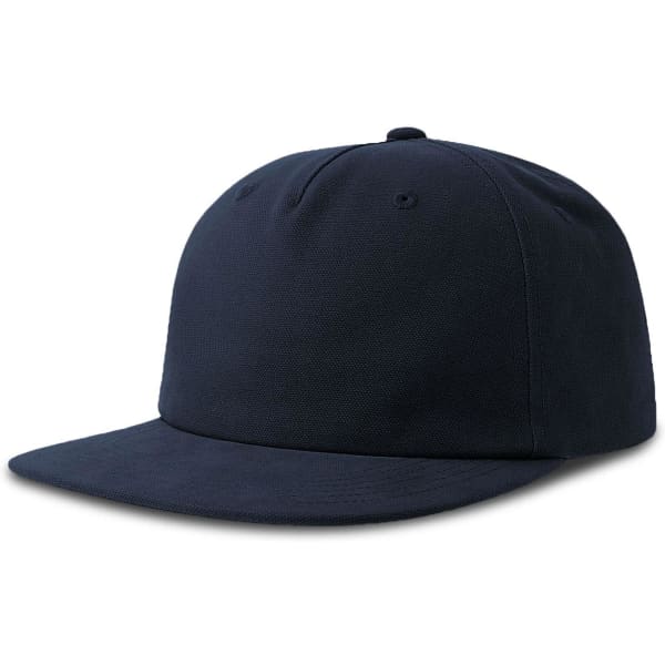 A navy blue flat peak cap made of organic cotton, featuring a logo on the front.