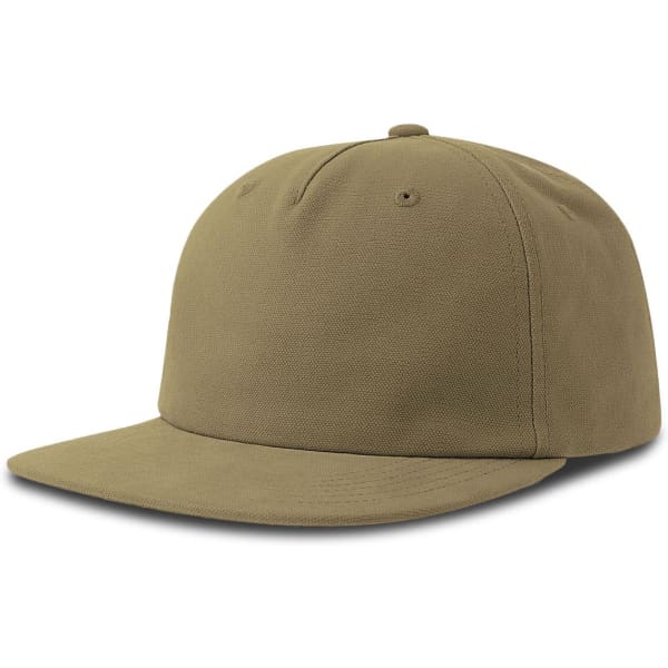 A flat peak cap in olive green, featuring a solid design and a logo on the front.
