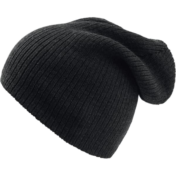 A black beanie made of ribbed fabric, featuring a slouchy design and a discreet logo.