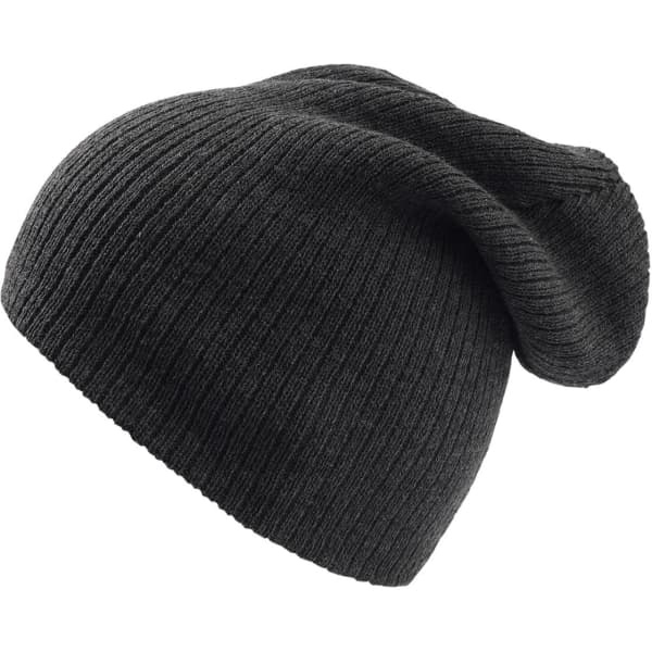 A dark grey beanie with a ribbed texture and a slouchy design, featuring a logo.