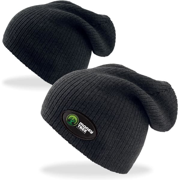 A pair of black ribbed beanies featuring a logo on the front.