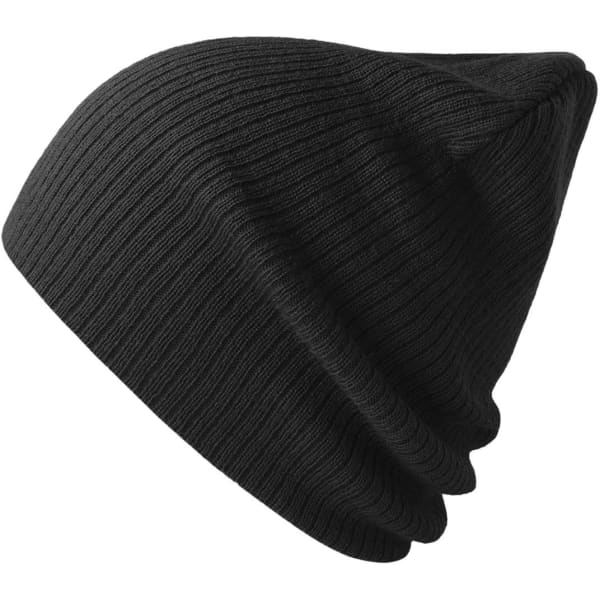 A black beanie made from recycled polyester, featuring a ribbed texture and a logo.