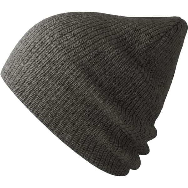 A green beanie made from recycled polyester with a ribbed texture and a slouchy fit. It features a branding logo.