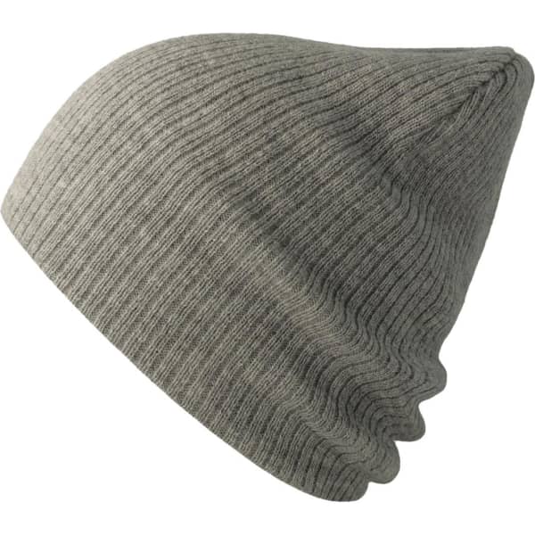 A grey ribbed beanie made from recycled polyester, featuring a logo.