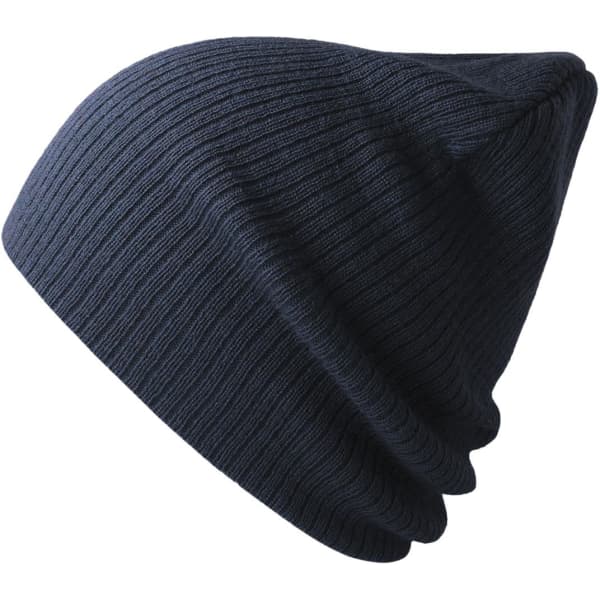 A navy beanie made from recycled polyester, featuring a ribbed texture and a simple design with a logo.