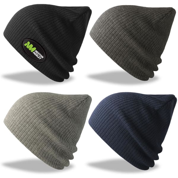 A set of four beanies in black, olive green, dark green, and navy blue, featuring various logos.