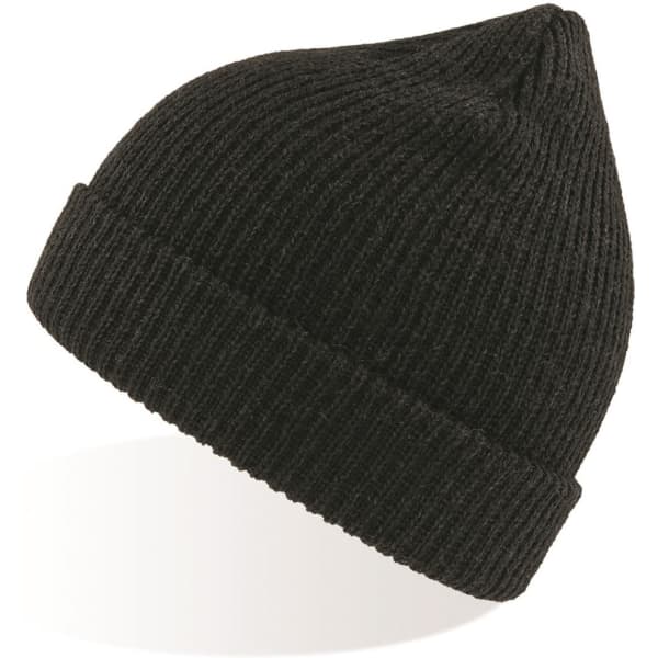 A knitted black beanie with a turned-up cuff, featuring a logo on the side.
