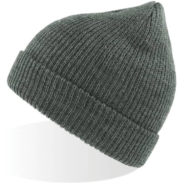 A dark green Woolly Beanie with a ribbed texture and a pointed top, featuring a logo.