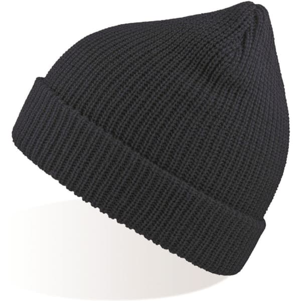 A black knitted beanie with a rolled cuff and a textured design, featuring a logo.