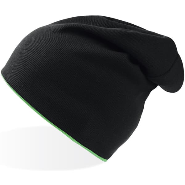 A black beanie with a green trim, featuring a logo on the side.