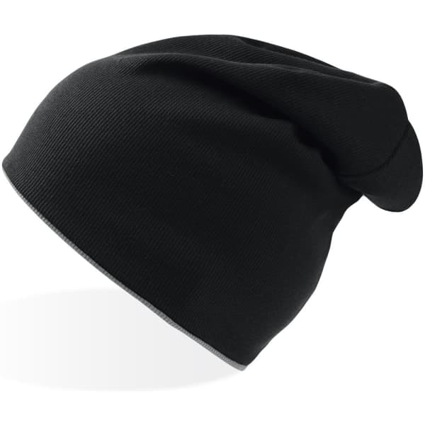 A black beanie with a slouchy design, featuring a subtle logo on the side.