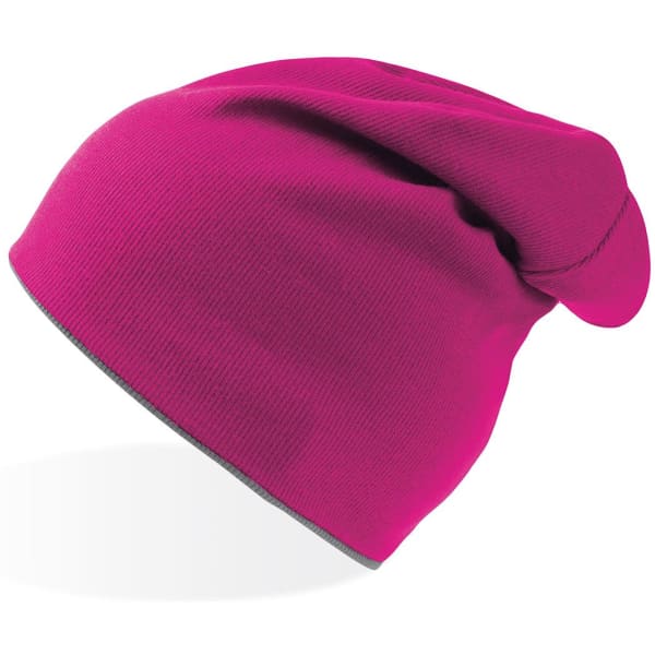 A purple beanie featuring a slouchy design and an edge trim, with a subtle logo on it.