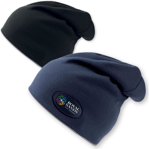 Two beanies in black and navy blue, featuring a logo on one side, showcased together.