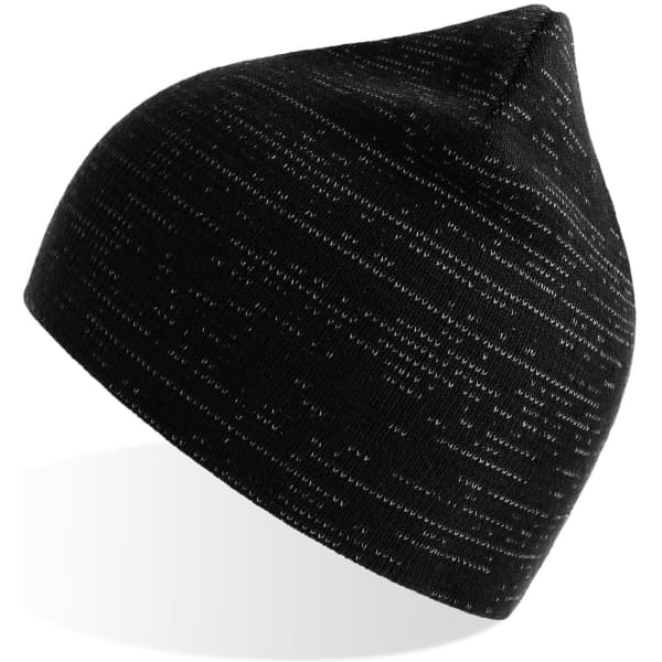 A black beanie with a textured pattern and a pointed top, featuring a logo.