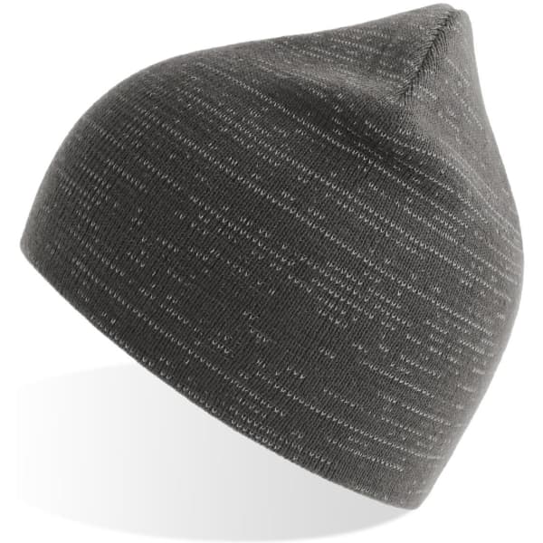 A grey beanie with a textured pattern and a pointed top. It features a logo on the side.