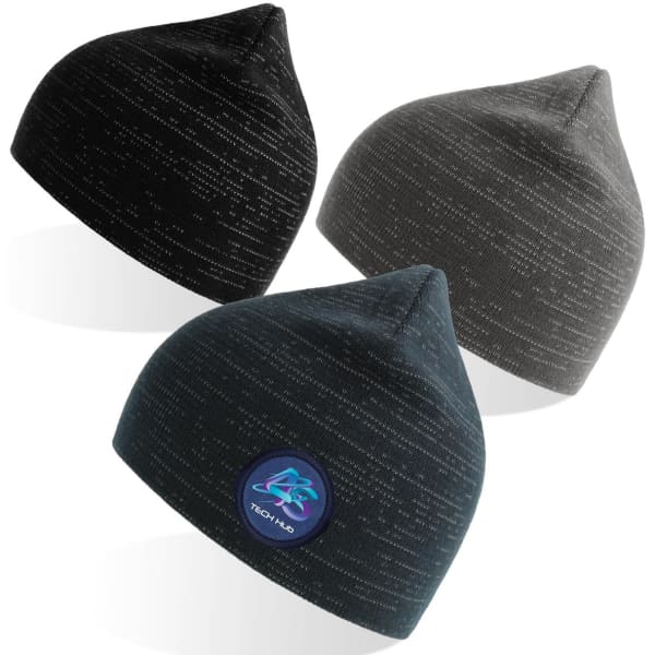 A collection of three knitted beanies in black, grey, and dark teal, featuring a logo on one.