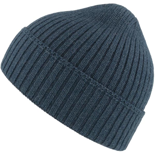A navy blue ribbed beanie with a snug fit and a small logo on the side.
