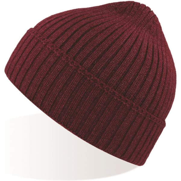 A maroon ribbed beanie with a snug fit and a subtle logo.