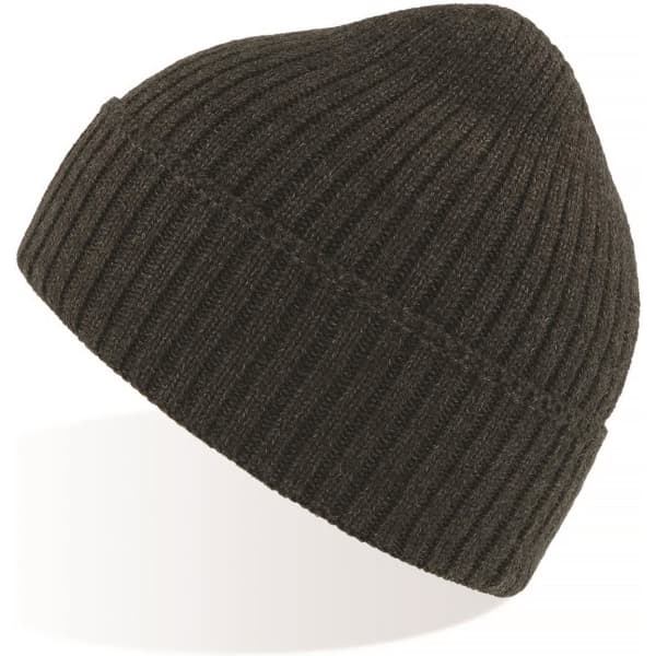 A black ribbed beanie with a snug fit and a simple design, featuring a logo on one side.