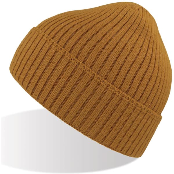 A mustard yellow beanie with a ribbed texture and a folded brim. It features a logo on the side.