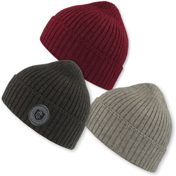 Three ribbed beanies in burgundy, grey, and dark green, each featuring a logo on one.