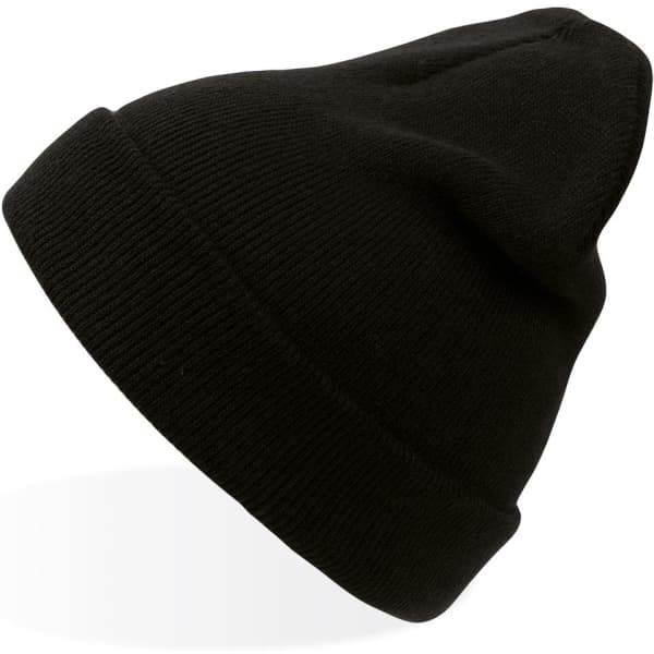 A black beanie with a tapered top and a cuff, featuring a logo on one side.