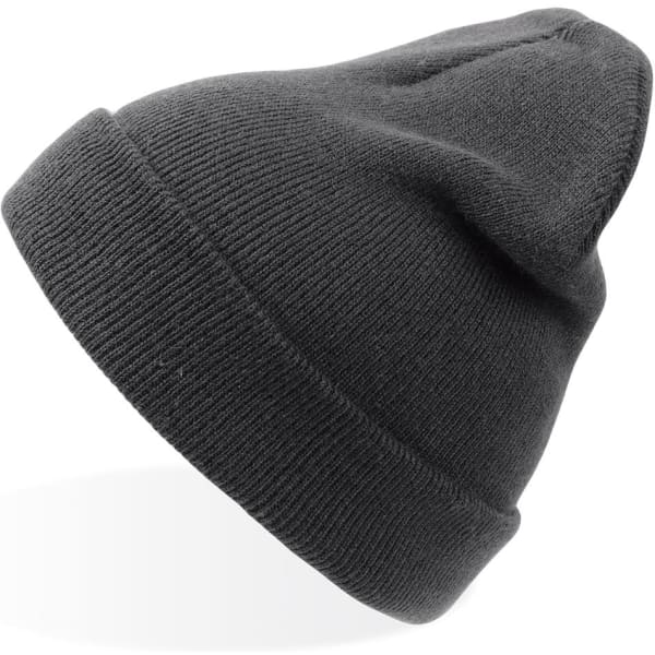A grey beanie with a folded cuff, featuring a smooth texture and a simple design. It has a logo on one side.