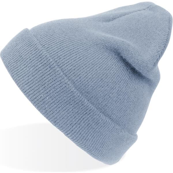 A light blue beanie with a rolled cuff and a soft texture, featuring a logo on the side.