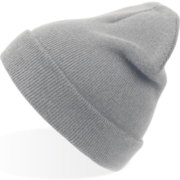 A grey beanie with a snug fit and a slightly pointed top, featuring a logo on it.